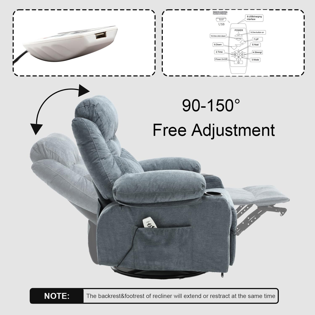 linting Power Swivel Rocker Recliners with Massage and Heat for Adults Fabric Overstuffed Electric Swivel Recliner with Cup Holders USB Port, Rocking Glider Chairs, Blue linting