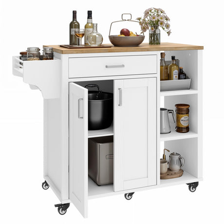 YITAHOME 37" Rolling Kitchen Island Cart with Storage, Butcher Block Island on Wheels, Mobile Kitchen Storage Carts with Shelves & Spice, White YITAHOME