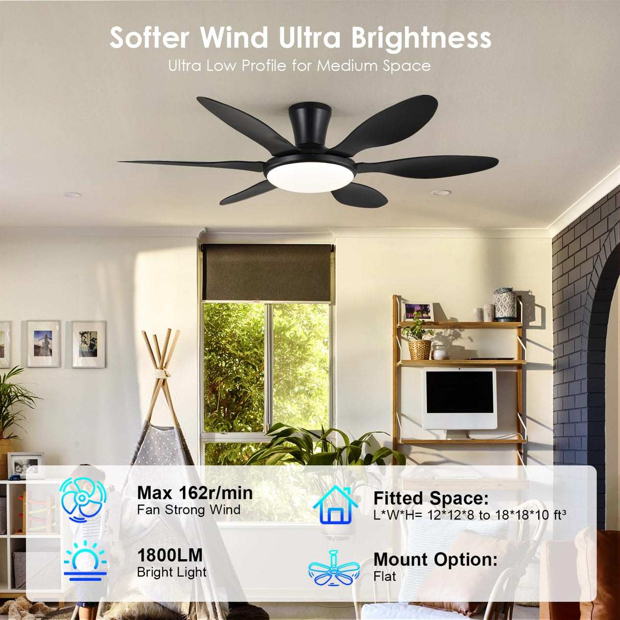 Ceiling Fans with Lights, 51 inch Modern Black Low Profile Ceiling Fan with Light and Remote App Control, Flush Mount, Quiet DC Reversible, Dim Led Ceiling Fan 6 Blade Softer Wind Indoor/Outdoor Patio BayDay