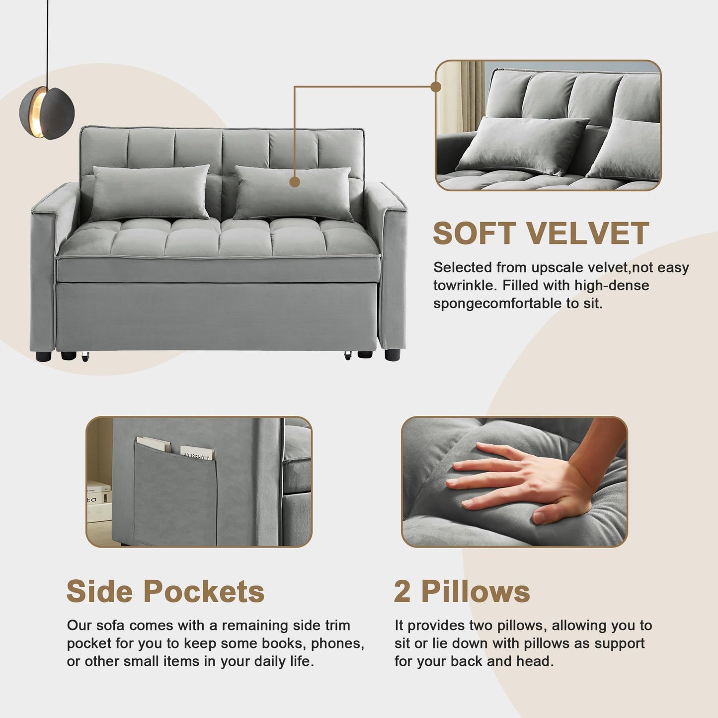 SumKea Convertible Sofa Couch 3-in-1 Multi-Functional Velvet Pull-Out Bed, 55'' Loveseat Chaise Lounge with Adjustable Backrest and Pillows, Grey