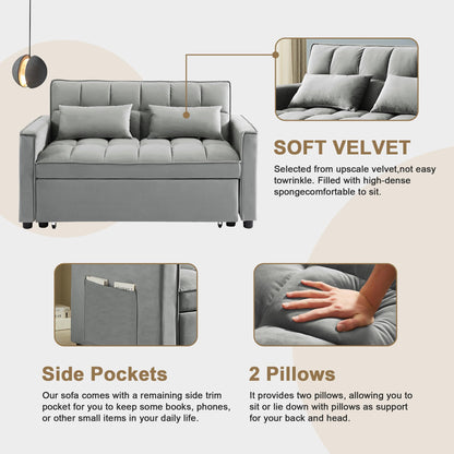 SumKea Convertible Sofa Couch 3-in-1 Multi-Functional Velvet Pull-Out Bed, 55'' Loveseat Chaise Lounge with Adjustable Backrest and Pillows, Grey