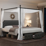 Keyluv King Upholstered Canopy Bed Frame with 3 Drawers and Button Tufted Headboard Metal Platform Bed with 4 Removable Posts Two-Purpose Velvet Bed No Box Spring Needed Dark Grey/Curtain Not Included Keyluv