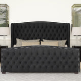 AMERLIFE King Size Platform Bed Frame, Velvet Upholstered Bed with Deep Button Tufted & Nailhead Trim Wingback Headboard/No Box Spring Needed/Black AMERLIFE