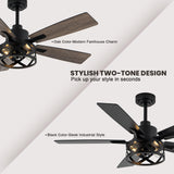 Dawn Whisper 52 Inch Farmhouse Ceiling Fans with Lights and Remote Quiet and Reversible DC Motor Black Industrial Rustic Caged Ceiling Fan for Bedroom Living Room Covered Patio Dawn Whisper