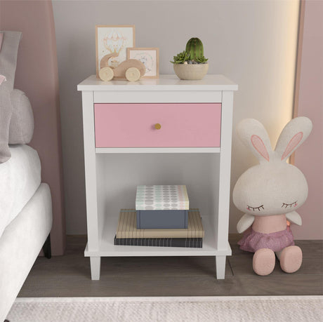 CEMKAR Wooden Nightstand, Bedroom Nightstand with 1 Drawer and 1 Open Compartment, Kids Nightstand (White+Pink) CEMKAR