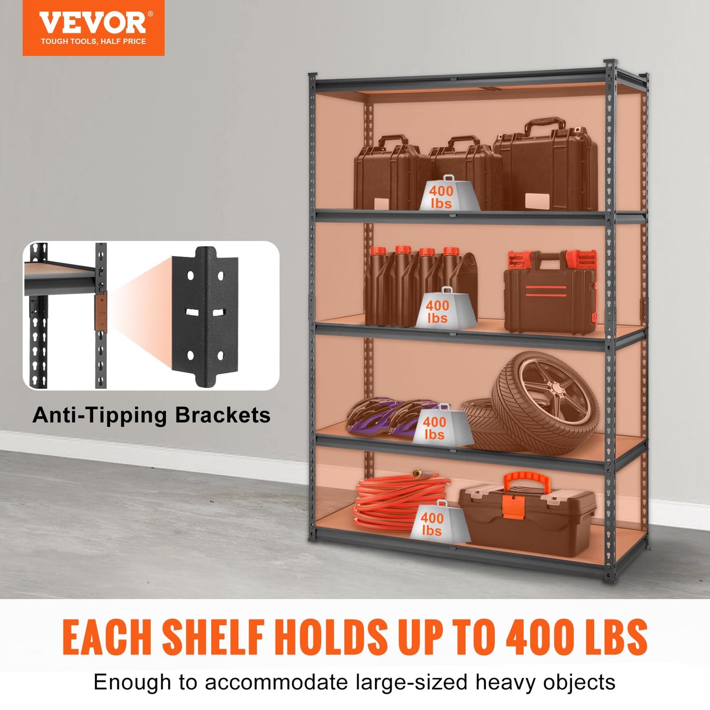 VEVOR Storage Shelving Unit, 5-Tier Adjustable Storage Shelves, 48" L x 24" W x 72" H Heavy Duty Garage Storage Shelves, Metal Shelves for Kitchen Pantry Basement Bathroom Laundry