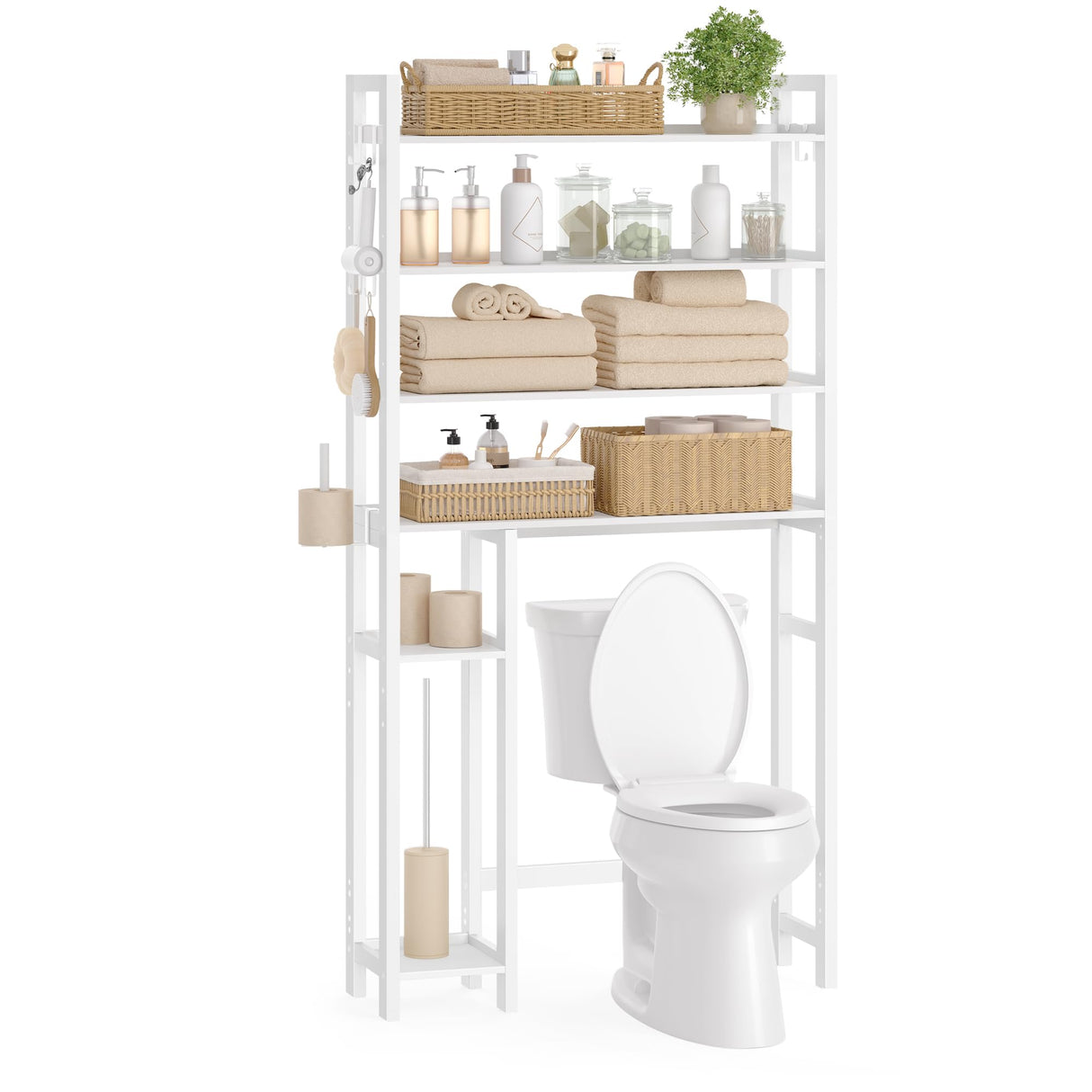 SONGMICS Over The Toilet Storage Shelf with Toilet Paper Holder, Bamboo Bathroom Organizer with Adjustable Shelves, 10.2 x 32.7 x 72.8 Inches, 4 Hooks, Storage Rack, Cloud White UBTS017W01 SONGMICS