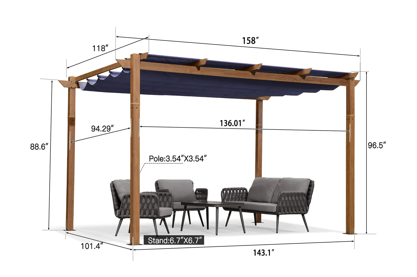 PURPLE LEAF 10' x 13' Outdoor Retractable Pergola with Shade Canopy Patio Metal Shelter for Garden Porch Pavilion Natural Wood Grain Frame Aluminum Gazebo Modern Backyard Grill Pergola Navy B - WoodArtSupply