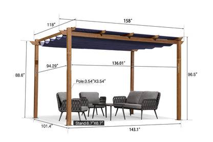 PURPLE LEAF 10' x 13' Outdoor Retractable Pergola with Shade Canopy Patio Metal Shelter for Garden Porch Pavilion Natural Wood Grain Frame Aluminum Gazebo Modern Backyard Grill Pergola Navy B - WoodArtSupply