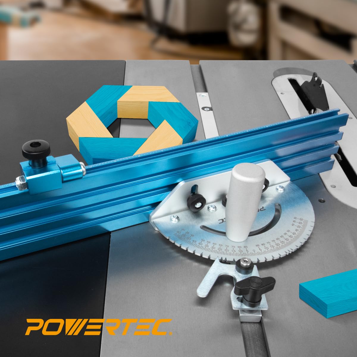 POWERTEC 71391 Table Saw Precision Miter Gauge System w/ 27 Angle Stops and 3/4”x 3/8”T-Slotted Miter Bar w/Removable T-Slot Plate; Includes 24”x 3” Multi T–Track Fence w/Scale, T-track Flip Stop POWERTEC