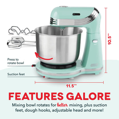 Dash Stand Mixer (Electric Mixer for Everyday Use): 6 Speed Stand Mixer with 3 Quart Stainless Steel Mixing Bowl, Dough Hooks & Mixer Beaters for Dressings, Frosting, Meringues & More - Aqua