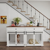 63'' Dog Crate Furniture for 2 Dogs, Wooden Dog Crate Table Furniture with 2 Storage Drawers, Indoor Dog Kennel with Divider and Double Sliding Doors, Large Pet House, White Cage Natural Wood Tabletop Kurhwyss