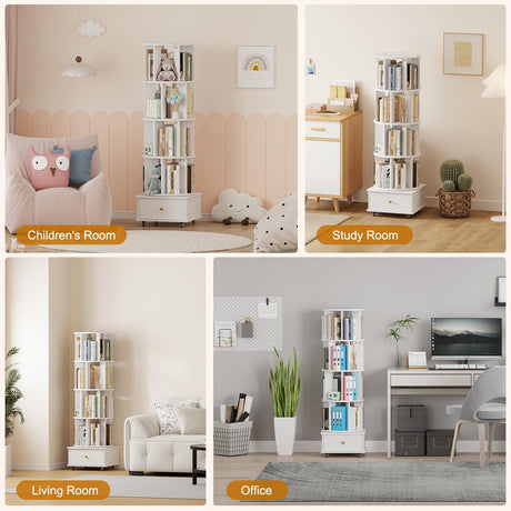 LMSXG-MZ 360° Rotating Bookshelf with Metal Wheels & Drawers for Living Room, Bedroom, Space-Saving Bookcase Organizer & Large Capacity Display Rack (4-Tier) LMSXG-MZ