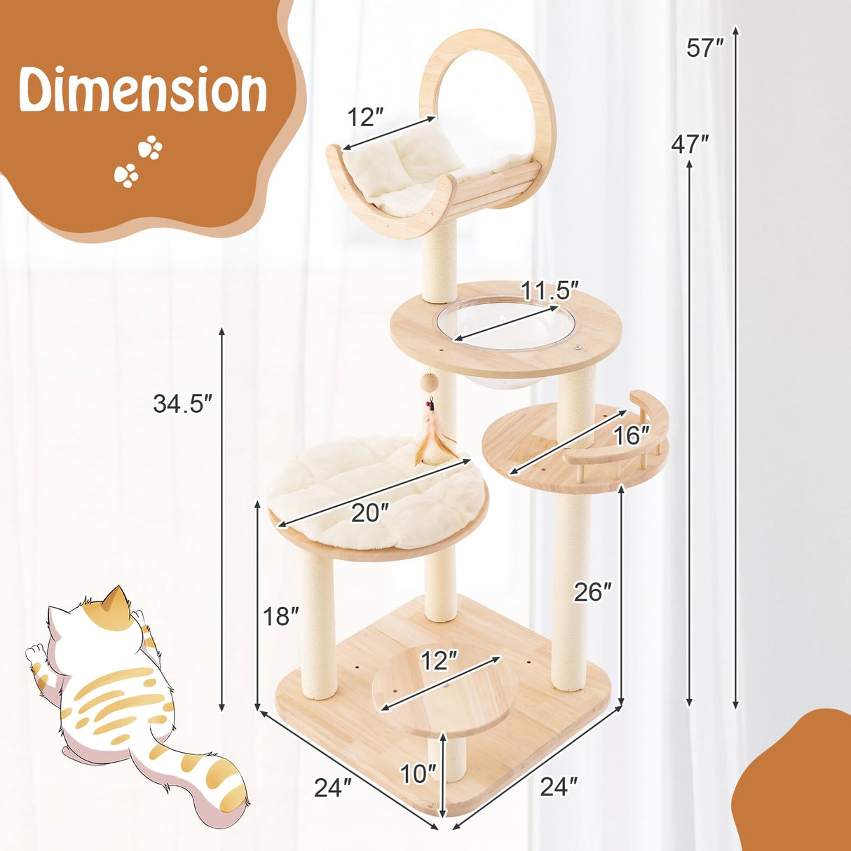 PETSITE 57 Inches Tall Wooden Cat Tree, Multi-Level Cat Tower with Scratching Posts, Space Capsule Bed, Padded Platform and Hanging Ball, Modern Transformable Cat Tree Tower for Indoor Cats Large PETSITE
