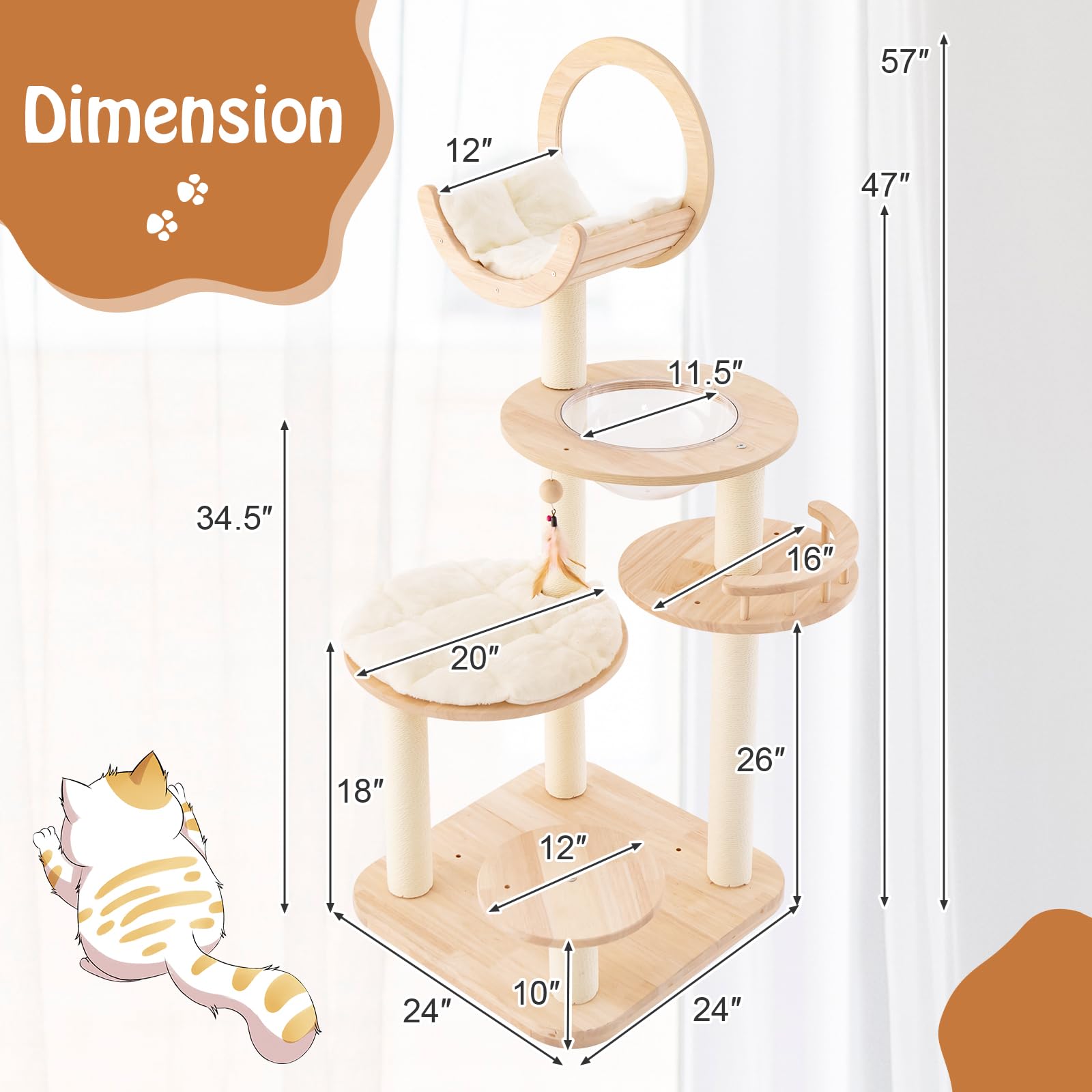 PETSITE 57 Inches Tall Wooden Cat Tree, Multi-Level Cat Tower with Scratching Posts, Space Capsule Bed, Padded Platform and Hanging Ball, Modern Transformable Cat Tree Tower for Indoor Cats L - WoodArtSupply