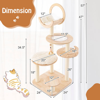 PETSITE 57 Inches Tall Wooden Cat Tree, Multi-Level Cat Tower with Scratching Posts, Space Capsule Bed, Padded Platform and Hanging Ball, Modern Transformable Cat Tree Tower for Indoor Cats L - WoodArtSupply