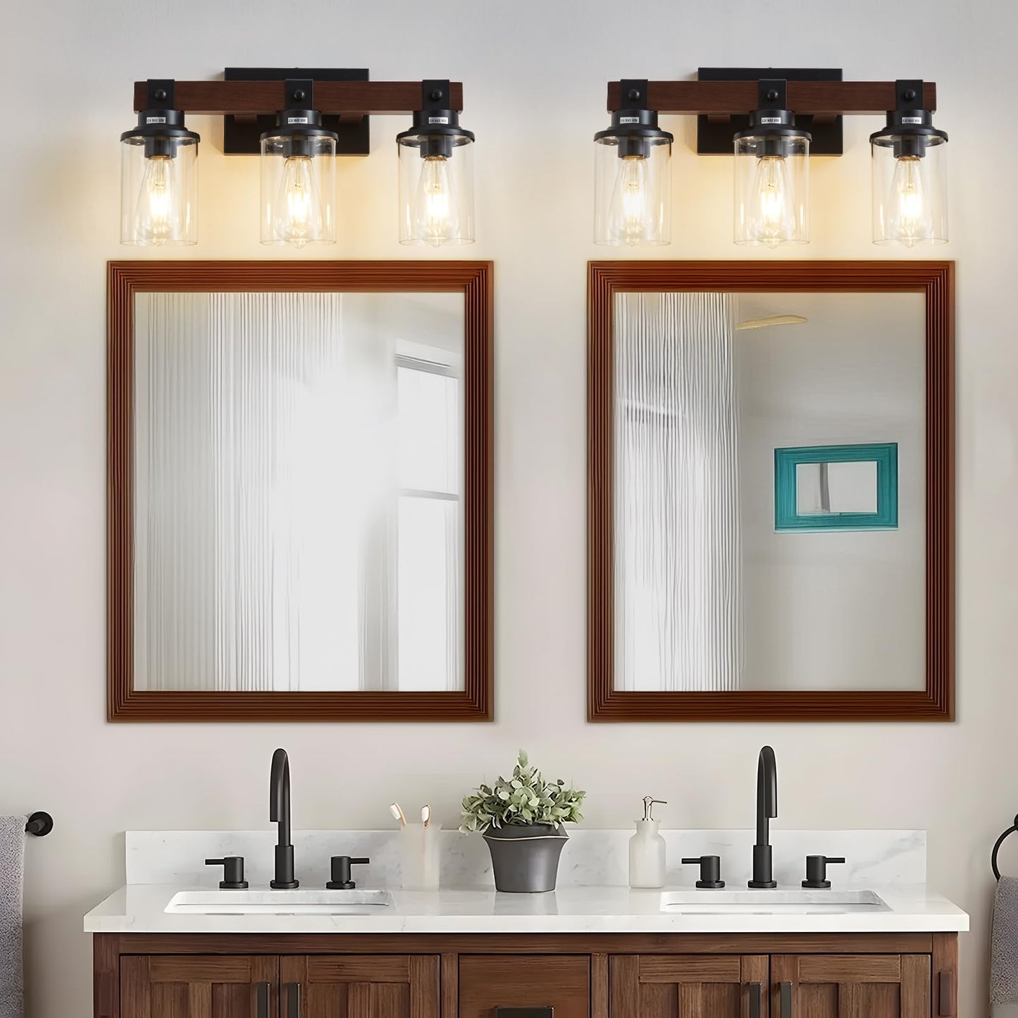 Aixialin Farmhouse Wood Vanity Light for Bathroom, 3-Light Wood Bathroom Vanity Light Fixtures Over Mirror, Rustic Sconces Wall Lighting with Metal Lampshade for Bathroom, Bedroom, Hallway - WoodArtSupply