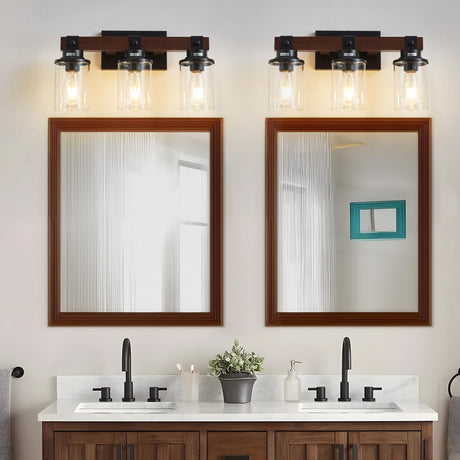 Aixialin Farmhouse Wood Vanity Light for Bathroom, 3-Light Wood Bathroom Vanity Light Fixtures Over Mirror, Rustic Sconces Wall Lighting with Metal Lampshade for Bathroom, Bedroom, Hallway Aixialin