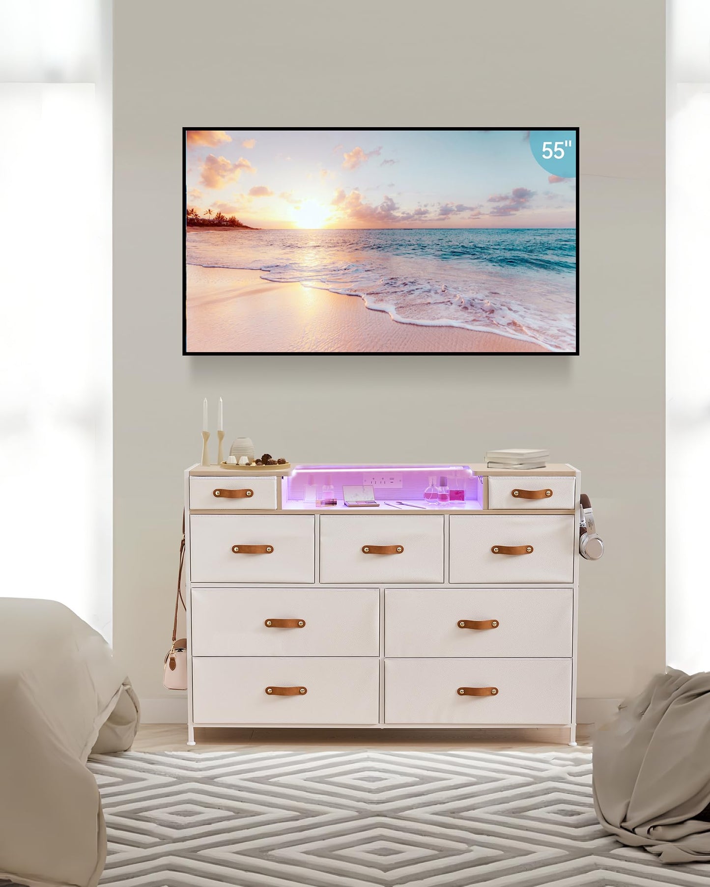 SANGMUCEN White Dresser for Bedroom, Chest of Drawers with LED Light and Charging Station, 9 Fabric Drawers Tall Wide Dresser for Organizer Cabinet Bedroom,Living Room,Hallway, Entryway, Bedroom