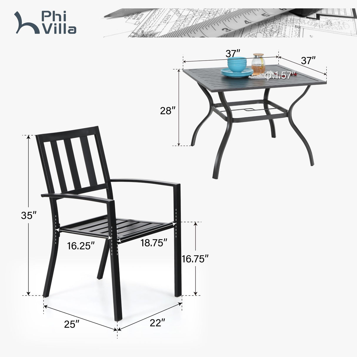 PHI VILLA 5-Piece Metal Patio Outdoor Table and Chairs Dining Set- 37" Square Bistro Table and 4 Backyard Garden Chairs, Table with 1.57" Umbrella Hole PHI VILLA