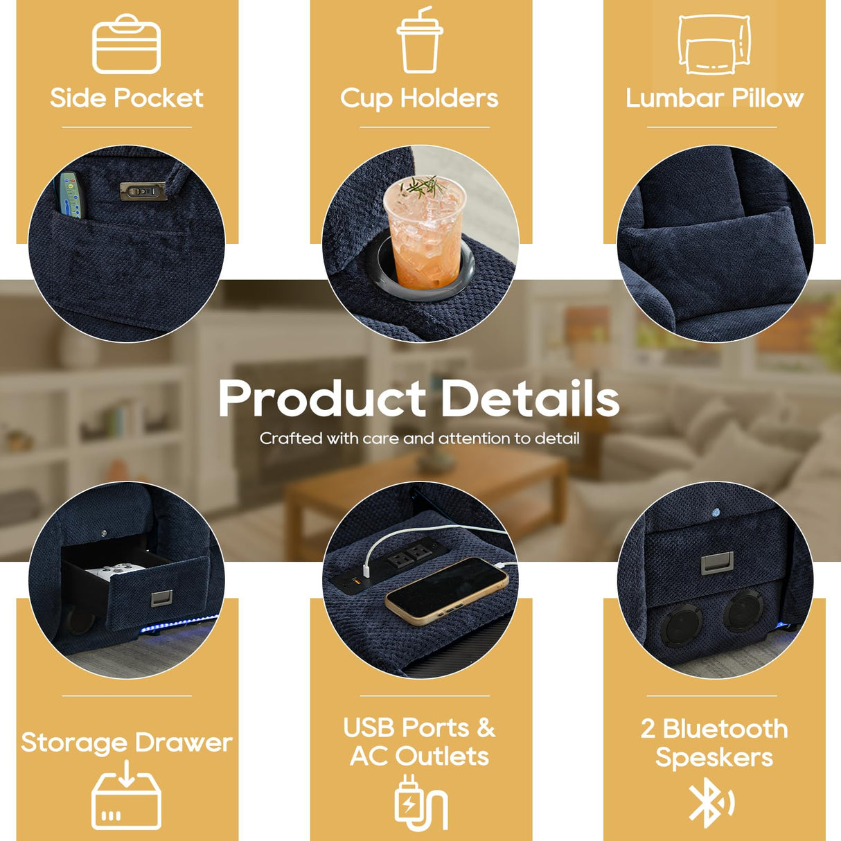 IPKIG Power Loveseat Recliner Sofa with Flip-Up Backrest Console, Drawer, AC Outlet, LED Light, Bluetooth Speakers, Wall Hugger Recliners for Living Room, RV, Home Theater (Navy Blue, Loveseat) IPKIG