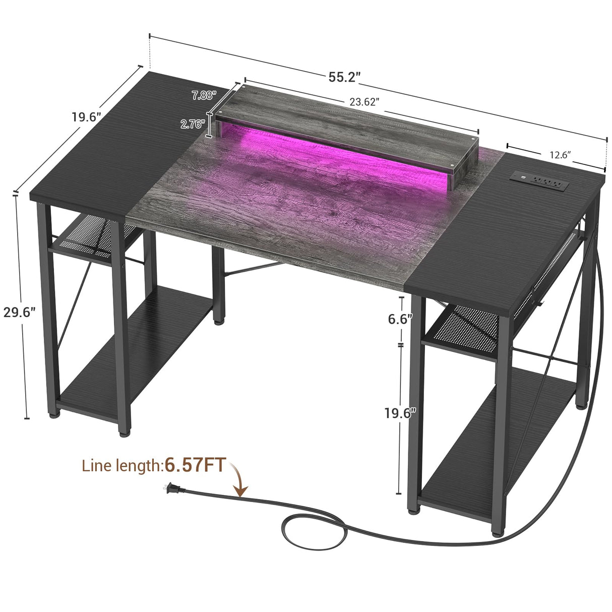armocity Computer Desk with LED Lights, 55 Inch Desk with Power Outlet and USB, Reversible Large Desk with Moveable Monitor Stand, 55.2'' Gaming PC Table for Home Office, Workstation, Grey and Black armocity