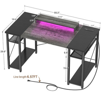 armocity Computer Desk with LED Lights, 55 Inch Desk with Power Outlet and USB, Reversible Large Desk with Moveable Monitor Stand, 55.2'' Gaming PC Table for Home Office, Workstation, Grey an - WoodArtSupply