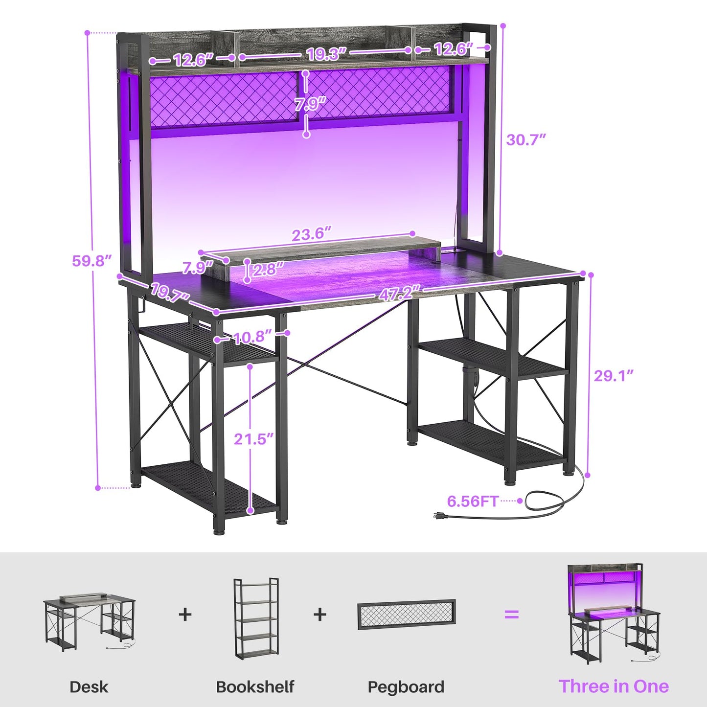 armocity 2024 Upgrade Gaming Desk with Hutch, 48'' Magic Computer Desk with LED and Outlets, Reversible Workstation Desk with Pegboard, Grey/Black