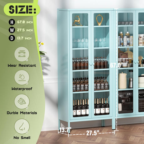 Crownland Metal Storage Cabinet with Glass Doors, Display Curio Glass Cabinet with 4 Adjustable Shelves, Tall Modern Office Storage Cabinets for Home Office, Living Room, Pantry(Light Blue) Crownland