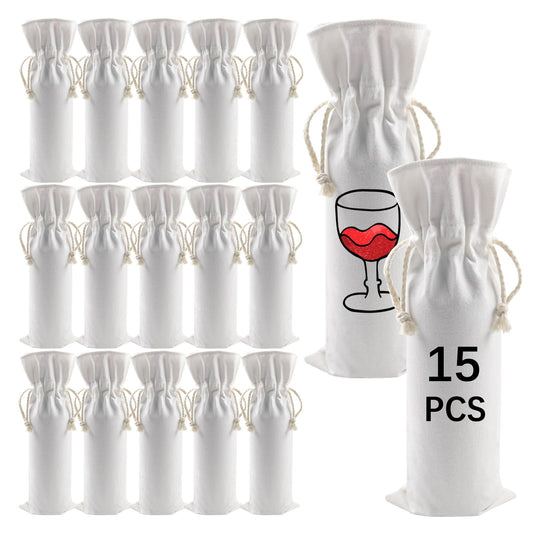 OKBA 15 PCS Sublimation wine gift bag blank, Canvas wine bottle bag with drawstring, Suitable for sublimation, screen printing, DIY graffiti