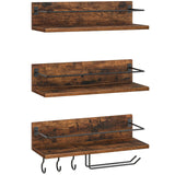 HOOBRO Wall Mounted Wine Rack 3 Pack, Wine Shelf Hanging Floating Wall Shelves, Wine Glass Bottle Rack Stemware Holder, for Living Room, Dining Room, Kitchen, Rustic Brown and Black BF33BJ01 HOOBRO