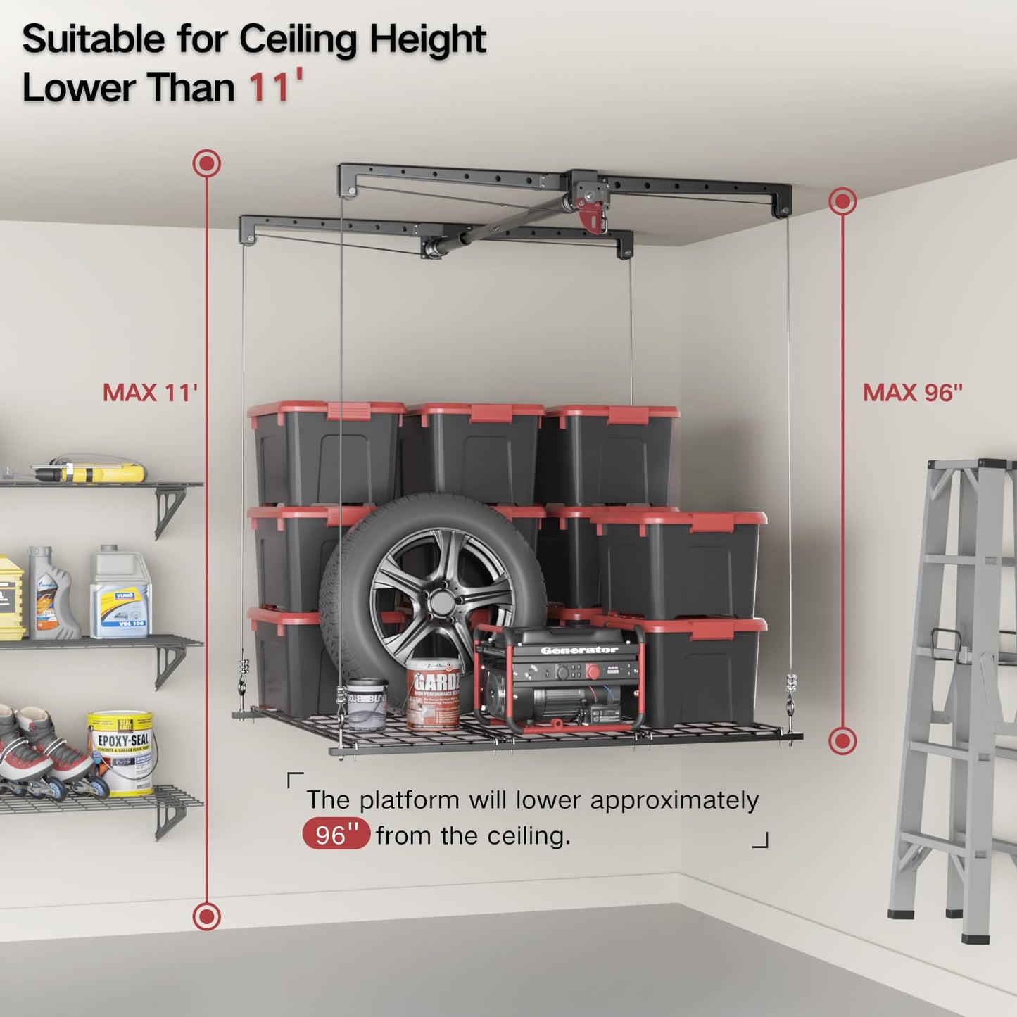 KOKORACKER Overhead Garage Storage Rack, 4x4 Ft Garage Ceiling Storage Lift, Heavy-duty Ceiling Mounted Garage Storage Lift System for Garage Organization, 250lbs Weight Capacity, Black