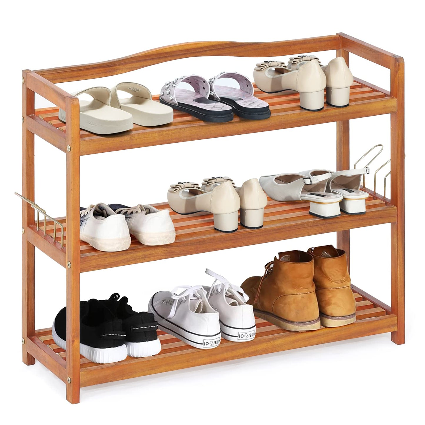 Giantex 3-Tier Shoe Rack, Acacia Wood Shoe Shelf with Side Metal Hooks, Holds up 12-18 Pairs, Shoe Organizer, Shoe Storage, Wooden Shoe Rack for Entryway - WoodArtSupply