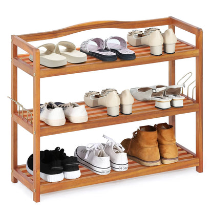 Giantex 3-Tier Shoe Rack, Acacia Wood Shoe Shelf with Side Metal Hooks, Holds up 12-18 Pairs, Shoe Organizer, Shoe Storage, Wooden Shoe Rack for Entryway - WoodArtSupply