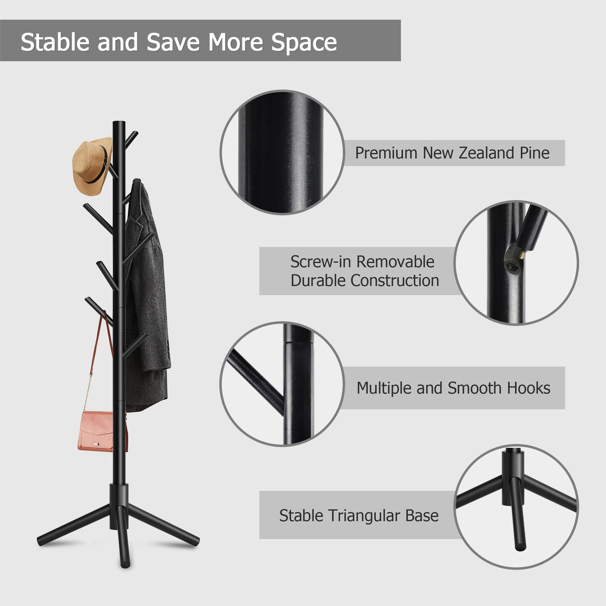 Azaeahom Wooden Coat Rack, Free Standing Coat Rack with 8 Hooks 3 Adjustable Heights for Clothes, Hats, Handbags, Coat Tree Easy Assembly for Entryway, Bedroom, Hallway, Office (New Black) Azaeahom