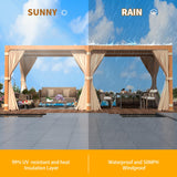 YOLENY 10 x 20 FT Louvered Pergola, Wood Grain Pergola with Adjustable Aluminum Waterproof Roof, Sun Shade Shelter with Netting and Curtains for YOLENY