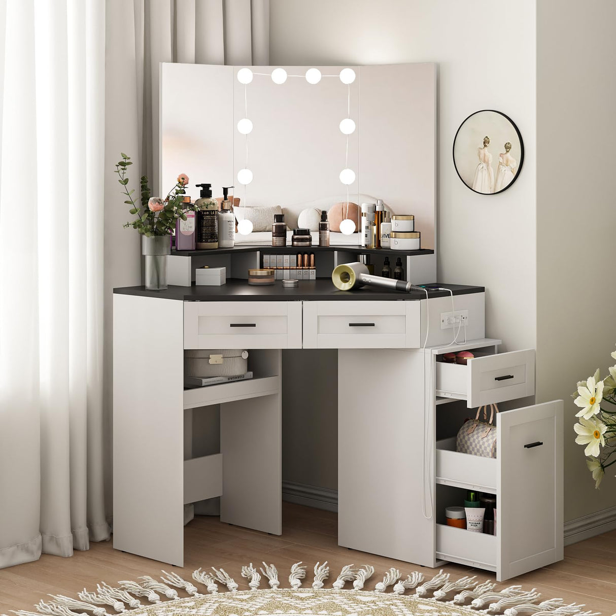 Fameill Corner Vanity Desk with Tri-Fold Mirror and Adjustable Light, Makeup Dressing Table with Power Outlet, 3 Drawers, Sliding Cabinet, Open Shelves, White Vanity Desk for Bedroom, Women, and Girls Fameill