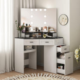 Fameill Corner Vanity Desk with Tri-Fold Mirror and Adjustable Light, Makeup Dressing Table with Power Outlet, 3 Drawers, Sliding Cabinet, Open Shelves, White Vanity Desk for Bedroom, Women, and Girls Fameill