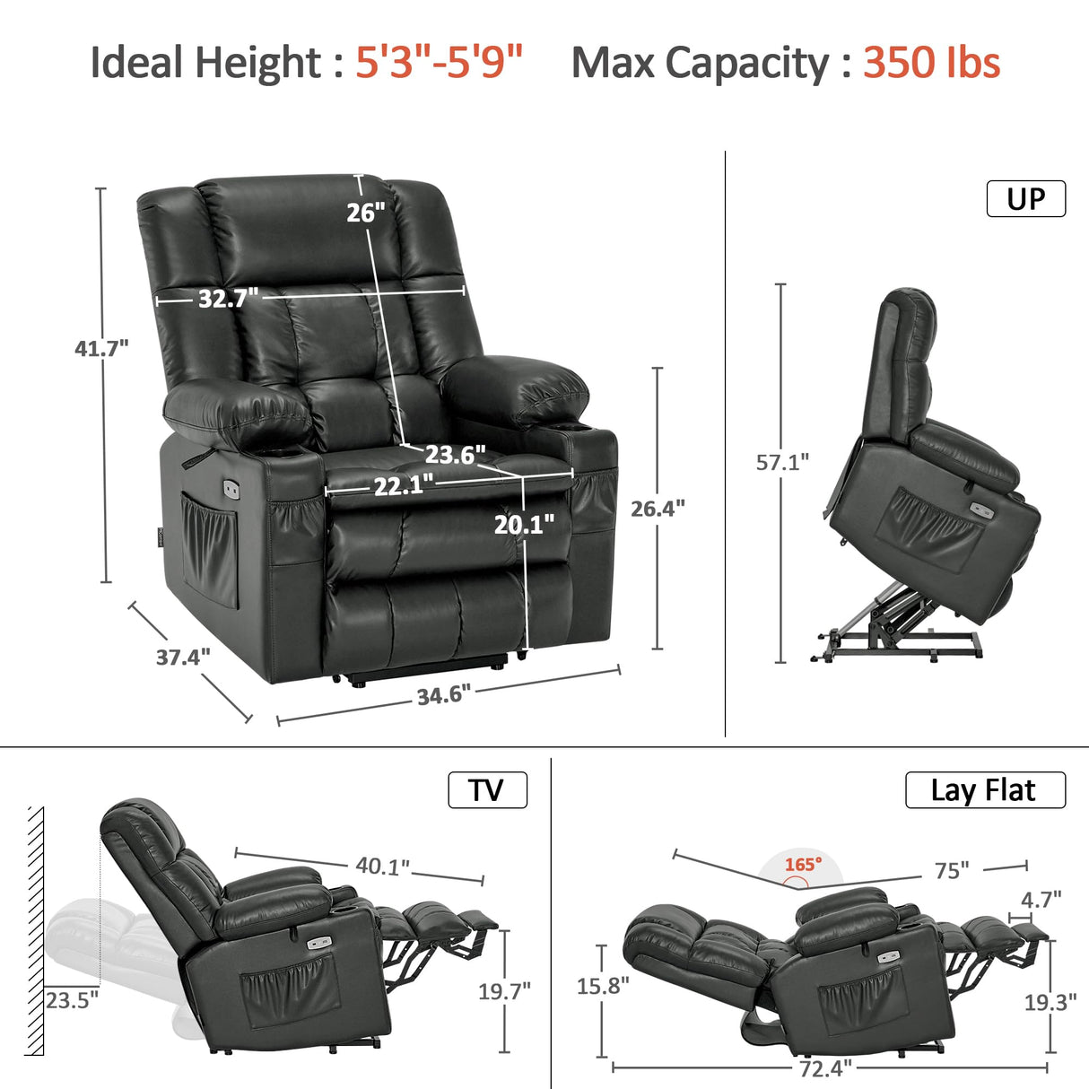 MCombo Dual Motor Power Lift Recliner Chair for Elderly, Lay Flat Lift Chair with Heat and Massage, Cup Holders, USB Ports, Faux Leather 7890 (Grey, Medium) MCombo