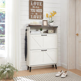 Barnyatoh Shoe Storage Cabinet,Farmhouse Shoe Organizer with 2 Flip Drawers & Barn Door Design,Freestanding Hidden Slim Narrow Shoe Rack Cabinet with Open Storage for Entryway, Foyer,Hallway,White Barnyatoh