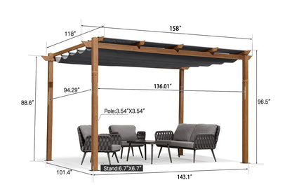 PURPLE LEAF 10' x 13' Outdoor Retractable Pergola with Shade Canopy Patio Metal Shelter for Garden Porch Pavilion Natural Wood Grain Frame Aluminum Gazebo Modern Backyard Grill Pergola Gray - WoodArtSupply