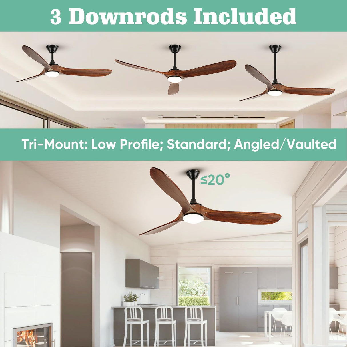 Savey'Sley Ceiling Fan with Lights and Remote, 60 Inch Indoor/Outdoor Modern Wood Led Ceiling Fan With Lights for Porch Bedroom Living Room, Noiseless, Reversible DC Motor, Dimmable 3CCT, Tri-Mount Savey'Sley