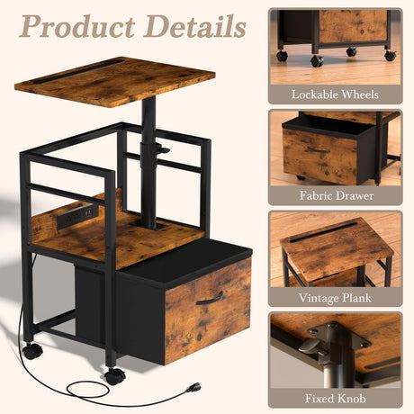 Swivel Lift Top Nightstand with Charging Station, 2-Tier 360° Adjustable Bedside Table, Rolling Night Stand with Wheels, Small End Table with Fabric Drawer, for Bedroom, Living Room, Rustic Brown Faesun