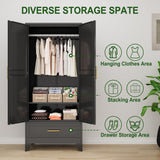 winiowa Metal Armoire Wardrobe Closet with Drawer, 71" Wardrobe Cabinet with Adjustable Shelves and Hanging Rod, Clothing Storage Cabinet Closet with Mirror for Bedroom-Black winiowa