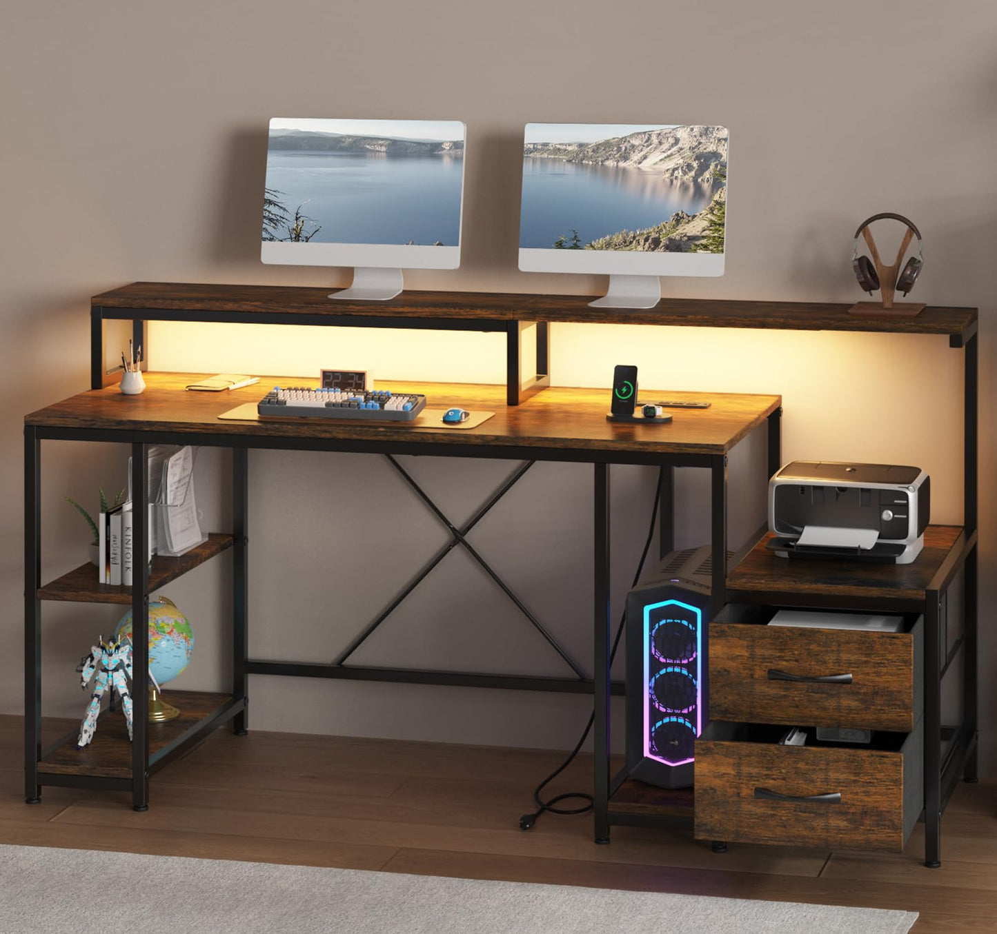 Home Office Desk with LED Light & Power Outlets, 63 inch Computer Desk with Monitor Stand and Printer Space, Gaming Desk with Drawers and Storage Shelves for Study Writing Working, Rustic Brown