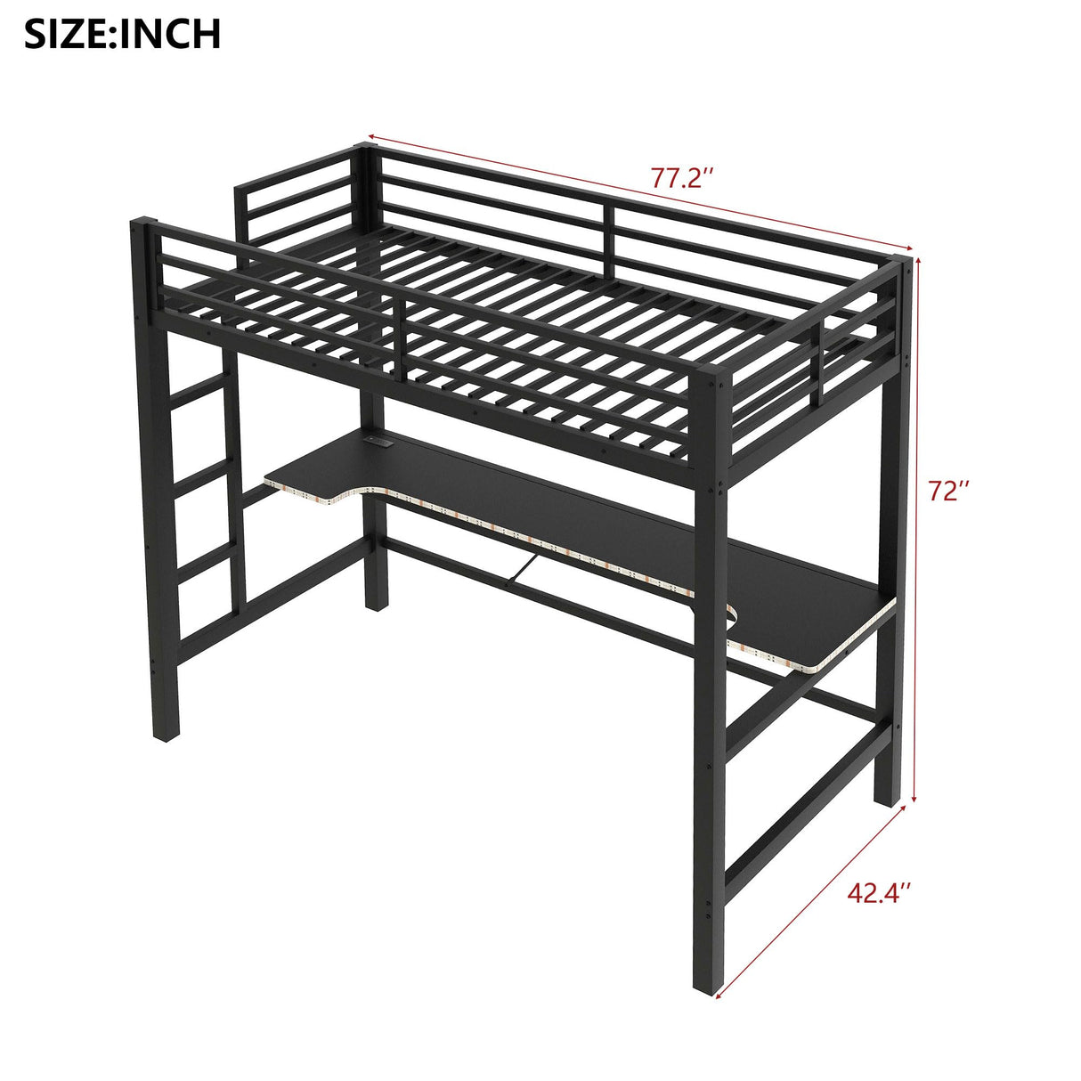 RuiSiSi Twin Size Metal Loft Bed with LED Light and Desk, Black Loft Bed with Storage for Kids, Noise Free RuiSiSi