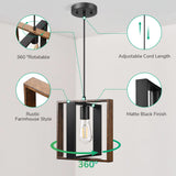 EDISHINE Farmhouse Pendant Light Fixture, Rustic Hanging Light Fixture with Wood Grain and Black Finish, Pendant Lighting for Kitchen Island, Dining Room, Hallway, Adjustable Cord EDISHINE