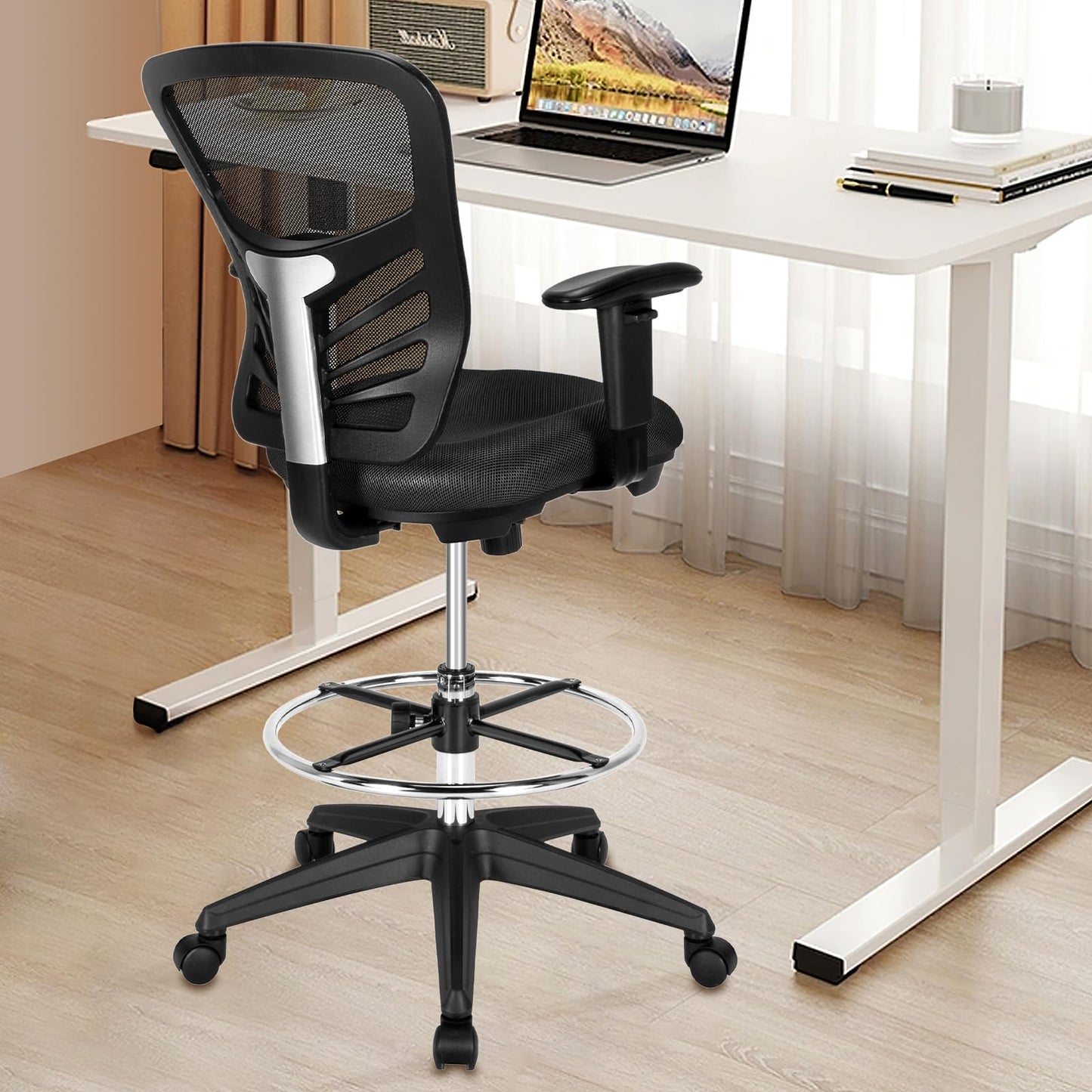 POWERSTONE Drafting Chair, Ergonomic Standing Desk Chair Adjustable Height, Tall Office Chair with Adjustable Armrests and Footrest Ring, High Computer Chair for Tall Desk, Standing Desk