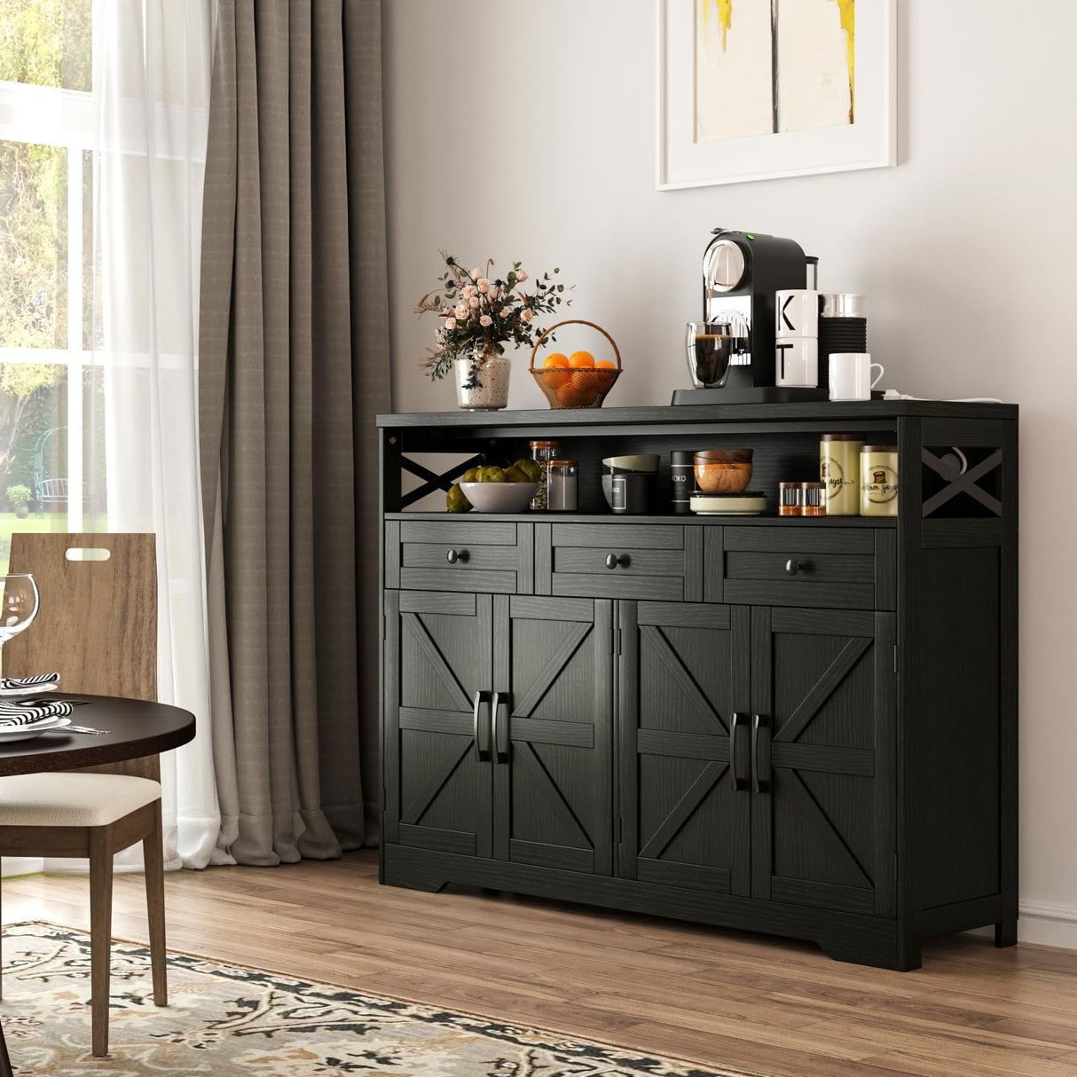 Befrases 51" L Modern Farmhouse Sideboard Buffet Cabinet, Black Storage Cabinet with Drawers & Shelves, Kitchen Pantry Hutch Cabinet, Coffee Bar Station Table for Living Room, Dining Room, Entryway Befrases