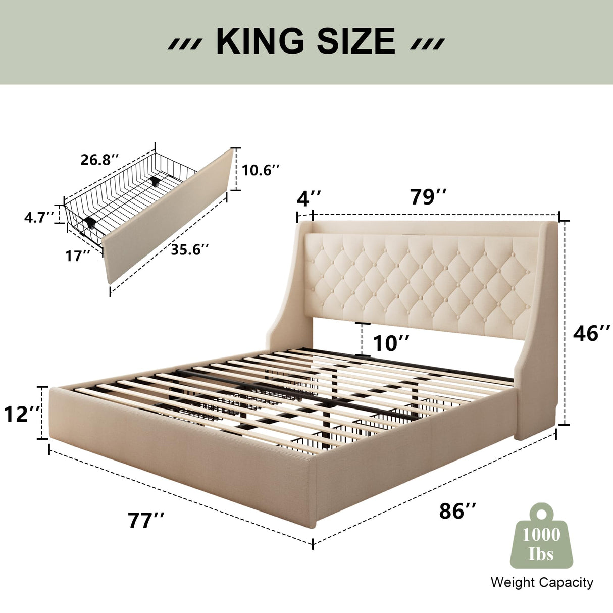 Feonase King Size Bed Frame with 4 Storage Drawers, Upholstered Storage Bed with Charging Station, Tufted Wingback Headboard, No Box Spring Needed, Beige Feonase